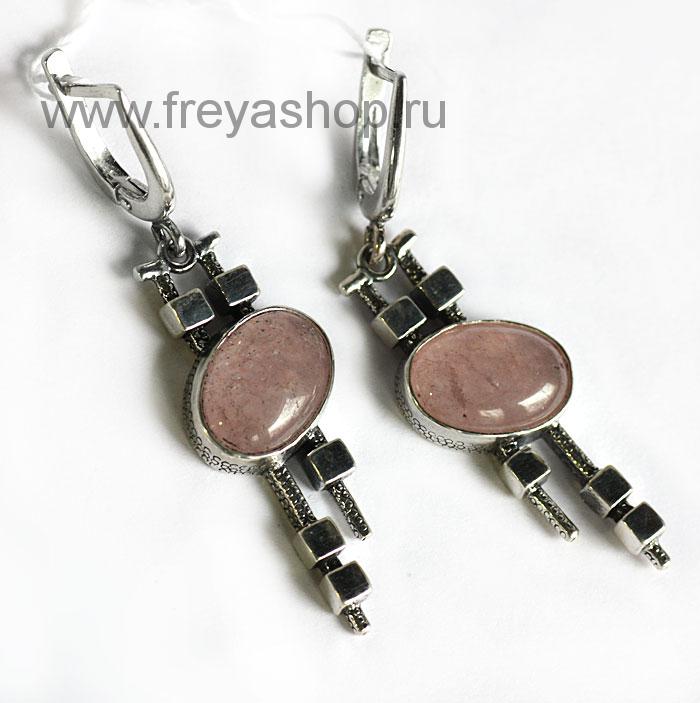Серебряные серьги "Гармония" с крупным розовым кварцем, Россия