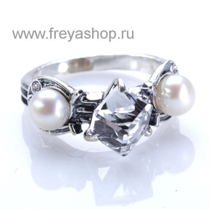 Серебряное кольцо с подковами, кристаллом Сваровски и жемчугом, Россия