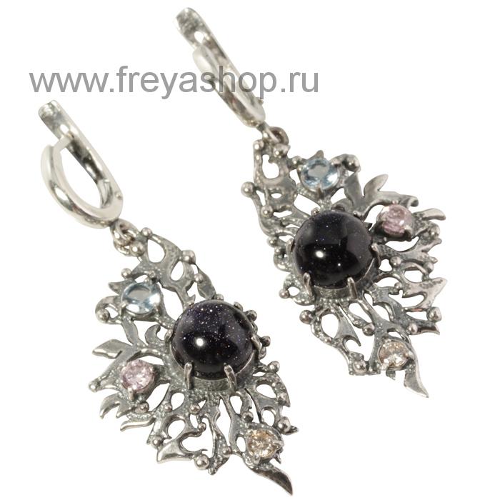 Кружевные серебряные серьги "Танго" с синим авантюрином, Россия 