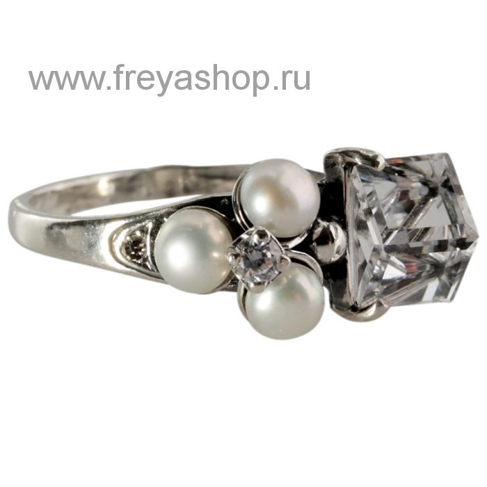 Серебряное кольцо "Принцесса" с кристаллом Сваровски и жемчугом, Россия