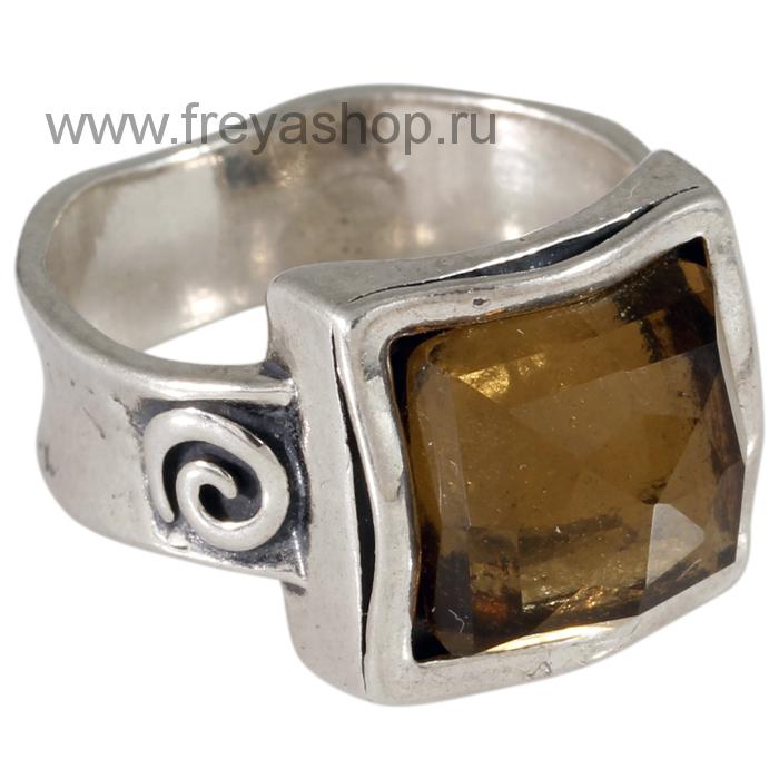 Серебряный перстень-печатка в этническом стиле с крупным раухтопазом, Израиль