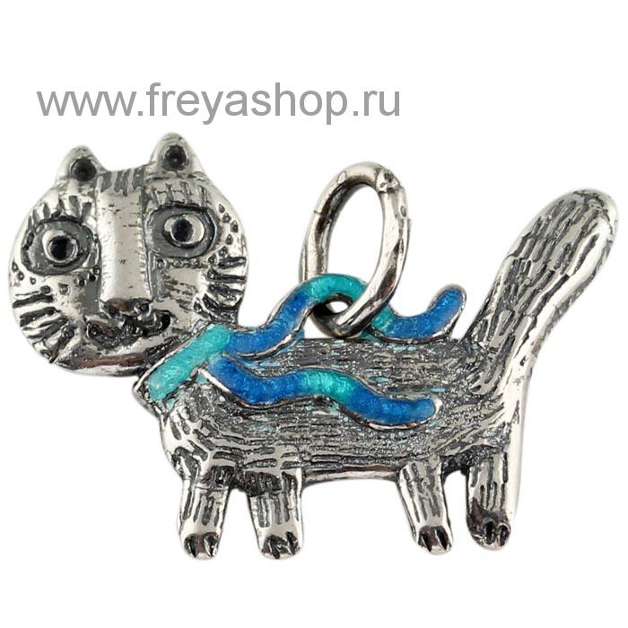 Серебряная подвеска с эмалью "Кот на прогулке" , Кострома