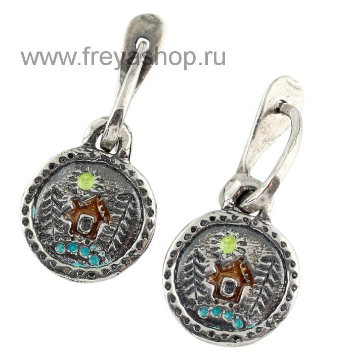 Серебряные серьги с эмалью "В лесу", Кострома 