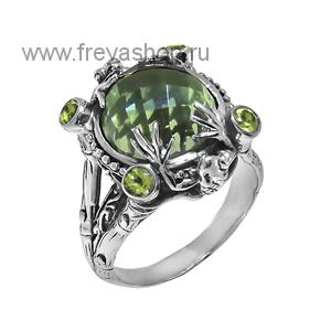 Фантазийное серебряное кольцо  с зеленым аметистом "Царевна лягушка", Израиль